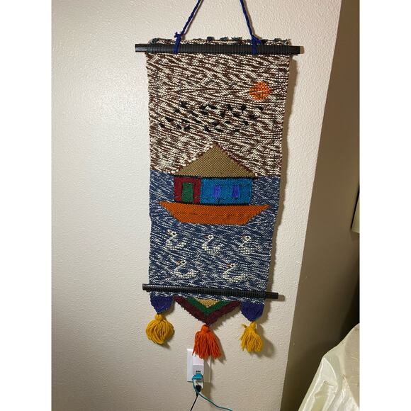 Hanging Wall Tapestry with House and Ducks Brown, Blue, Orange - Picture 7 of 8